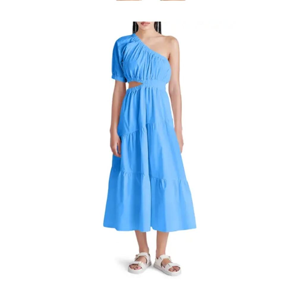Steve Madden Leena Cut Out One Shoulder Midi Blue Cotton Dress Small